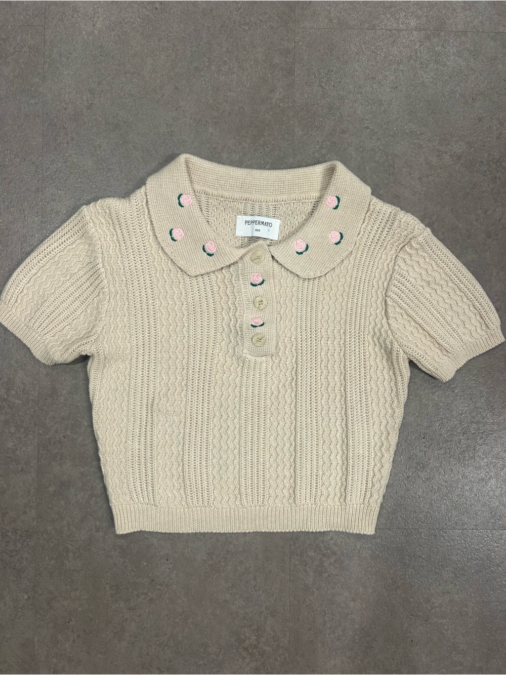 Peppermayo Aubrielle Knit Collar Top Cream Rose Embroidered XS/S